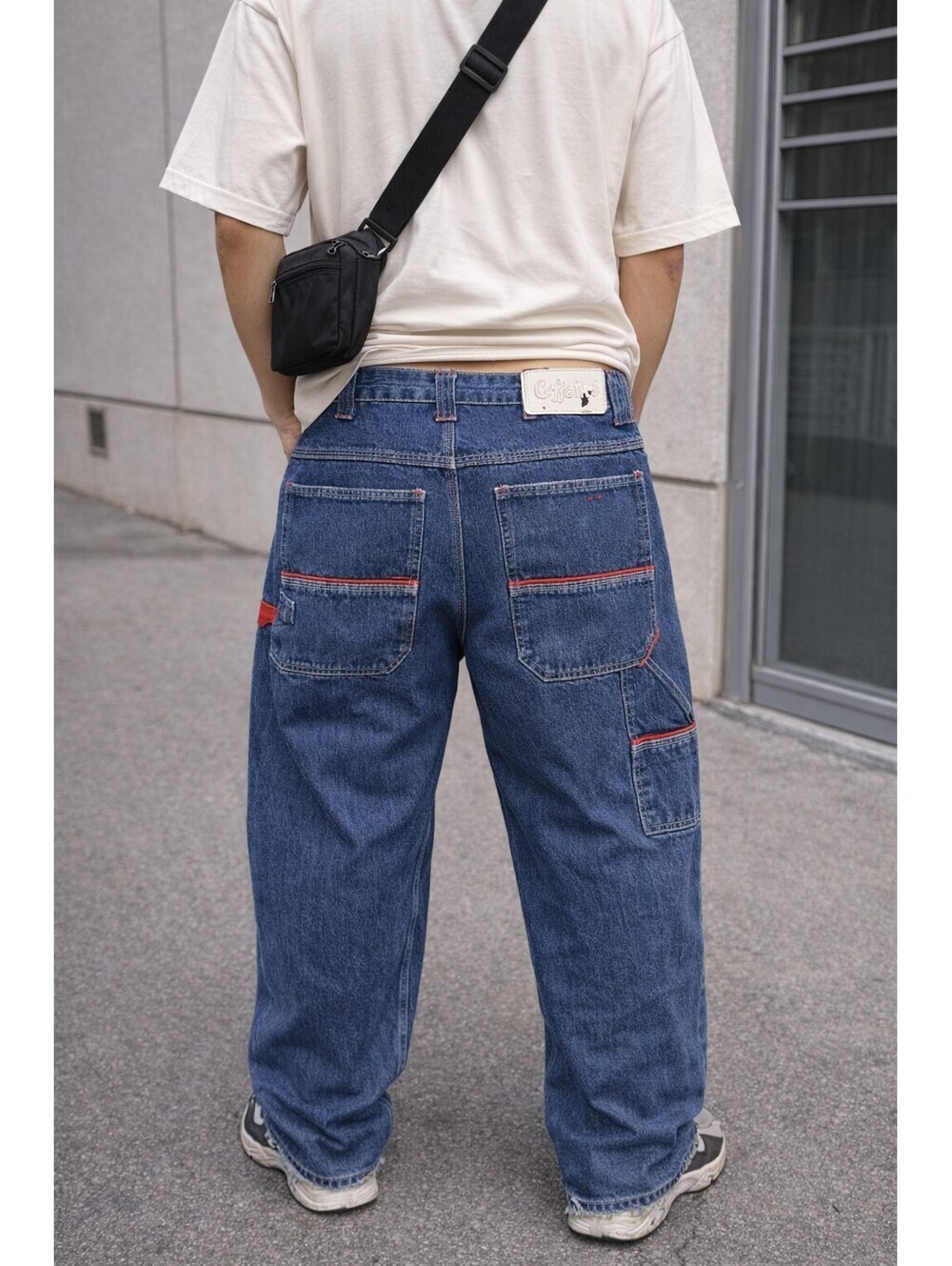VTG Y2K Caffeine Jeans Men's 32 Wide Leg Baggy 90 Rave Skater Red Trim Hong Kong